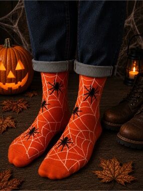 NWT Foozys Men’s Halloween Spider Crew Socks Orange Web Design Size 10-13